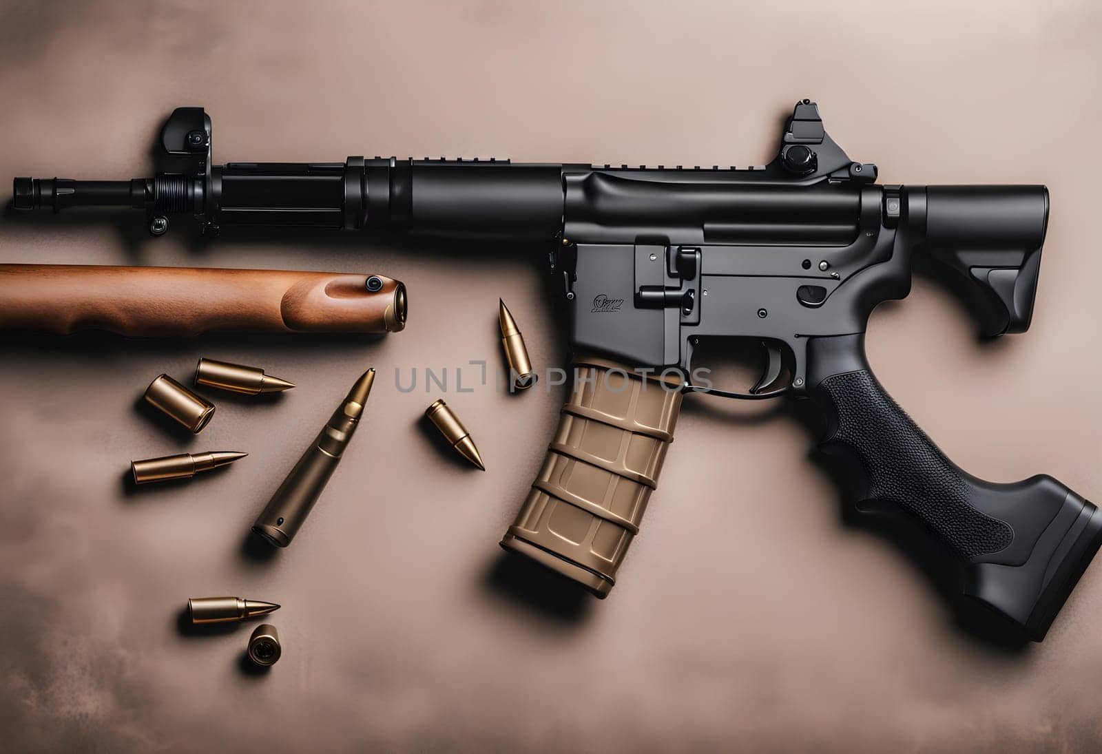 Rifle on the flat lay table background.
