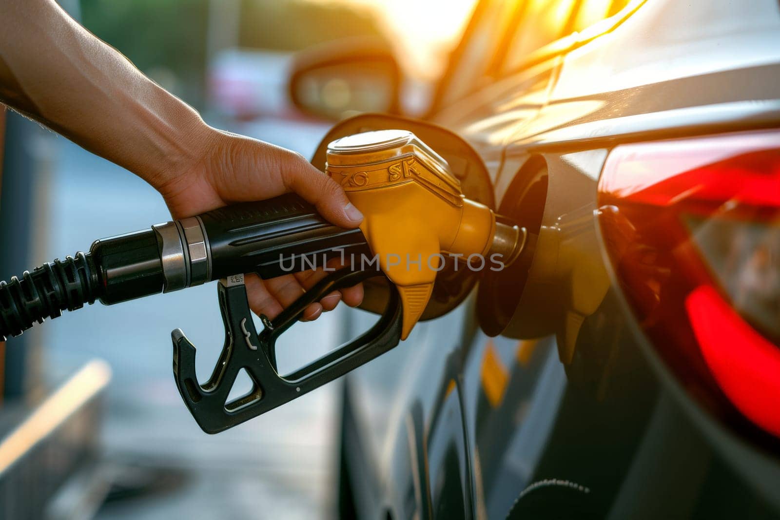 Pouring fuel, close up image of a hand filling up a car with gas at a gas station by nijieimu