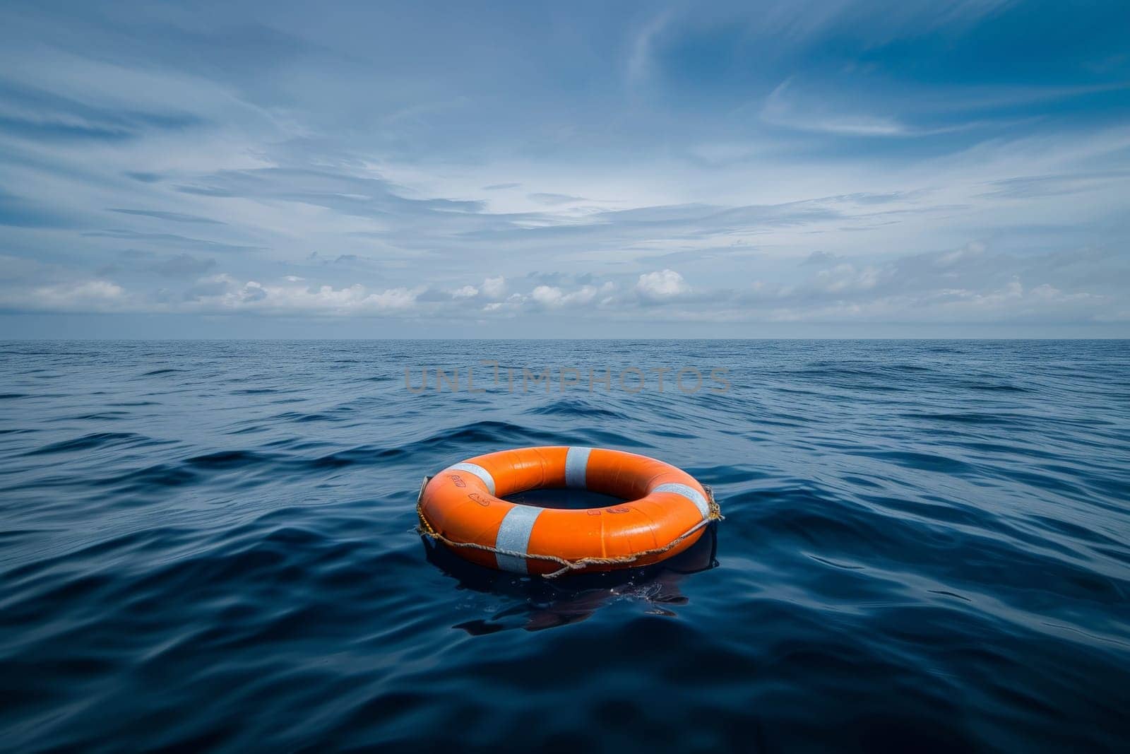 An orange lifebuoy floats on the open sea, symbolizing safety and hope under the vast sky by nijieimu