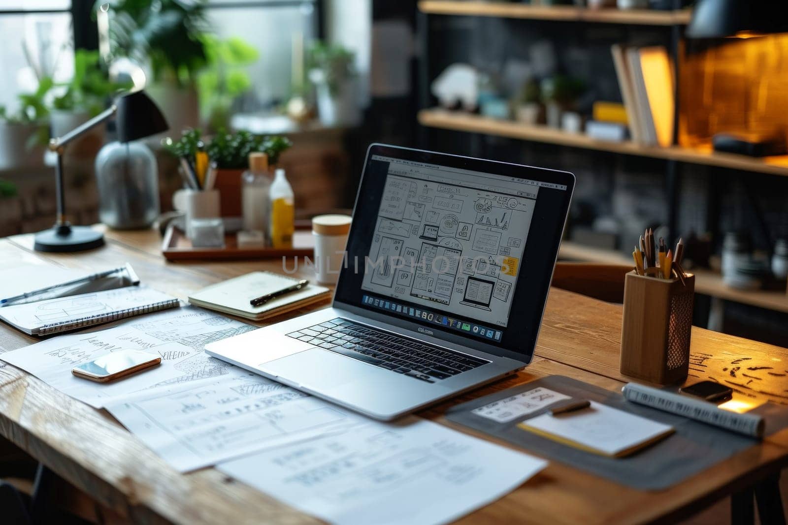 Creative designer desk, minimal designer working table with laptop and some sketches by nijieimu