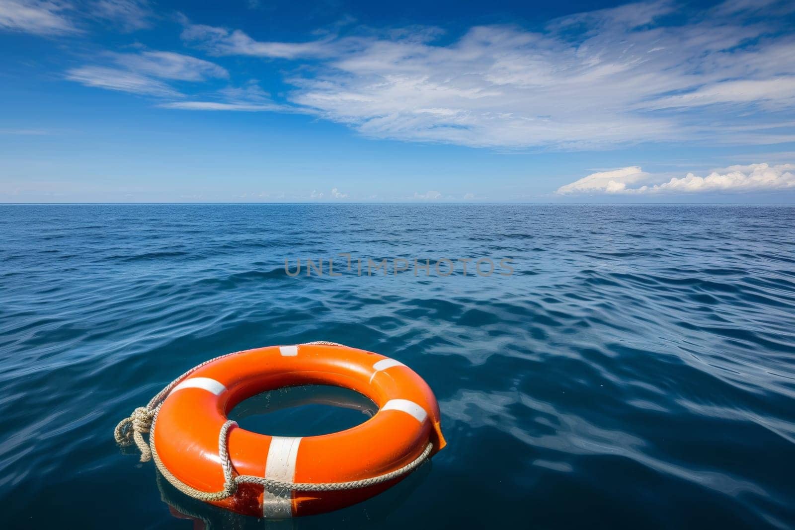 An orange lifebuoy floats on the open sea, symbolizing safety and hope under the vast sky.