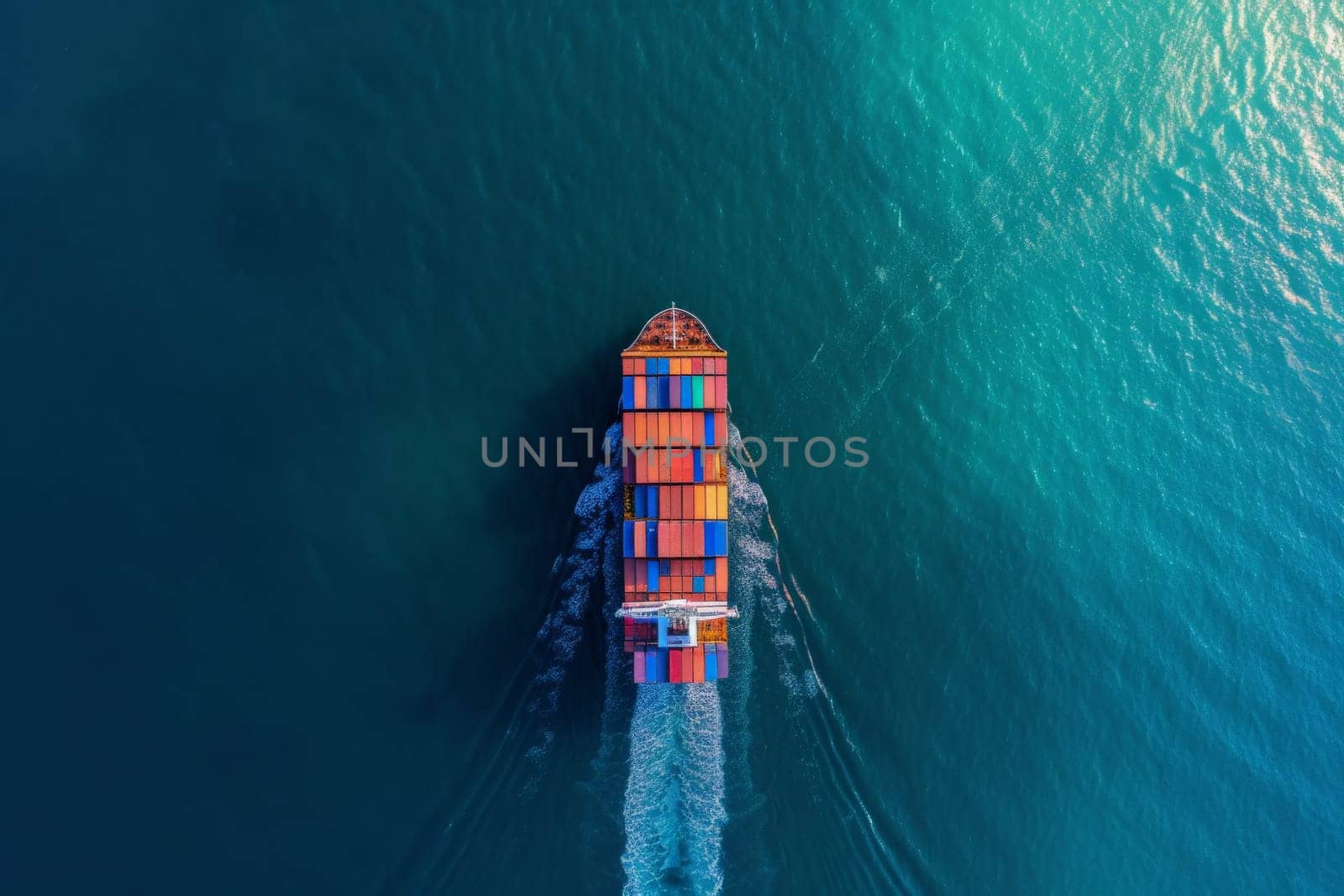 Aerial top down view of a large container cargo ship in motion over open ocean with copy space.