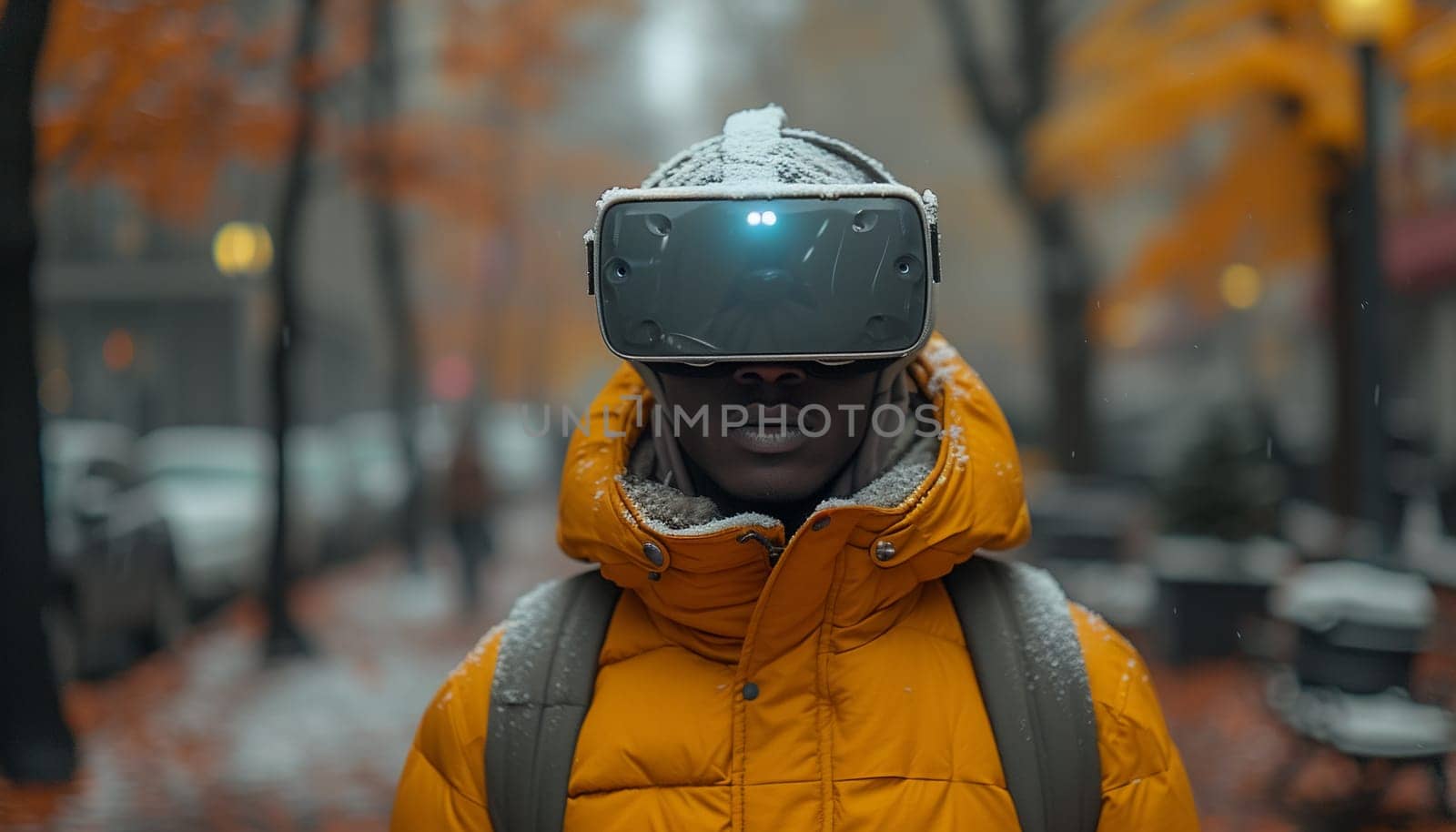 A man in VR glasses on a city street. High quality photo