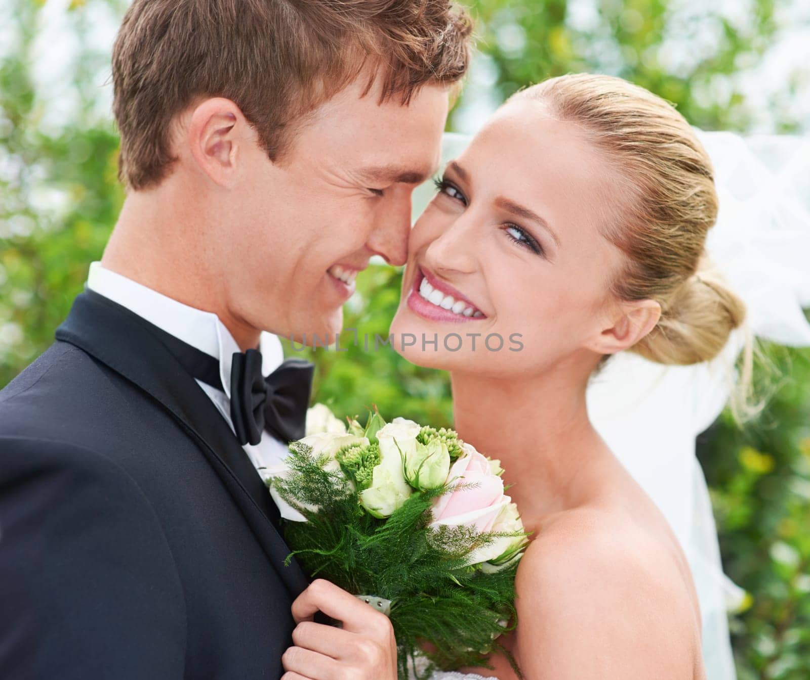 Couple, happy and affection at wedding celebration in outdoors, together and smiling in nature. Bride, portrait and commitment to relationship with marriage, love and romance at outside ceremony.