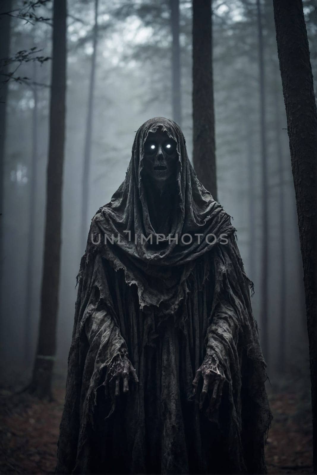 A man wearing a hooded cloak stands among the trees in a forest.