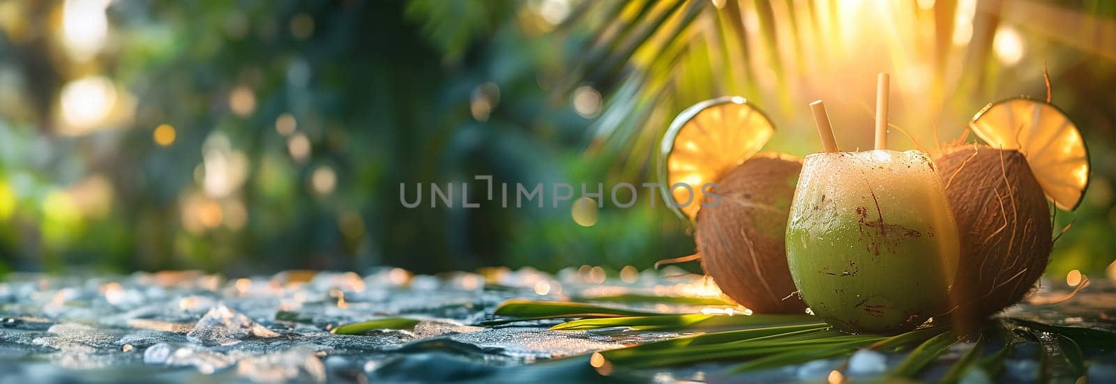 Coconut cocktail or mocktail drink on wooden table in resort ,summer vacation on beach. Holiday and travel concept design copy space Space for text