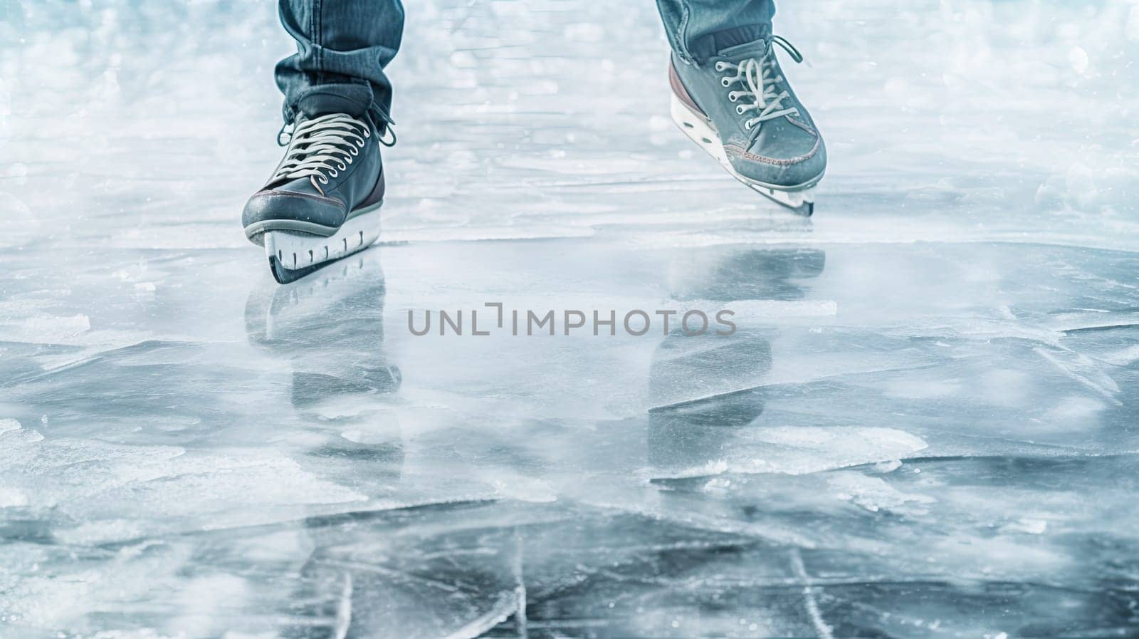 Detail to ice skating on an ice of frozen lake, sport concept