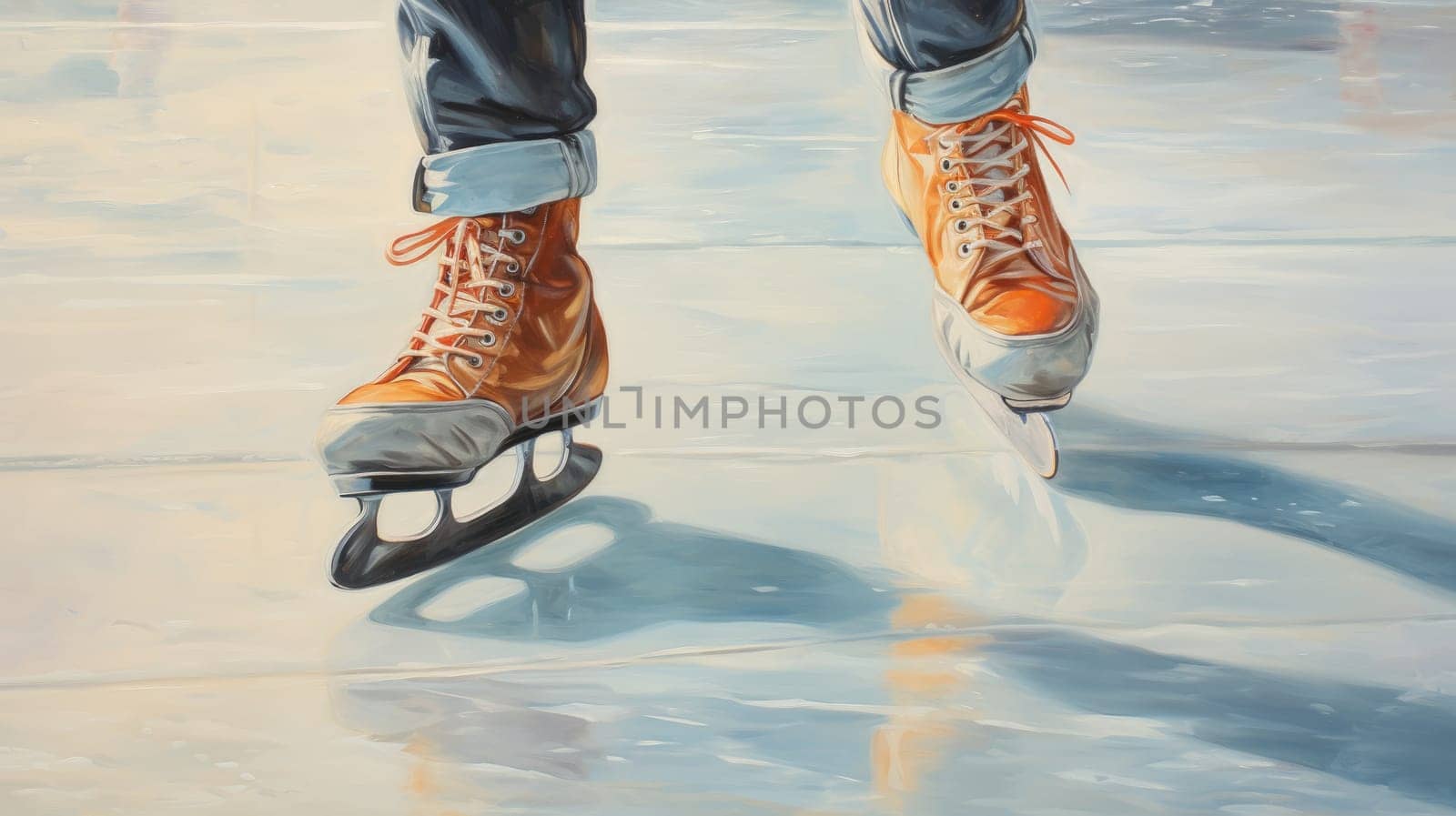 Detail to ice skating on an ice of frozen lake, sport concept