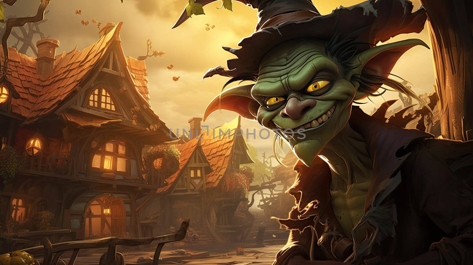 goblin in a fairytale village as illustration cartoon