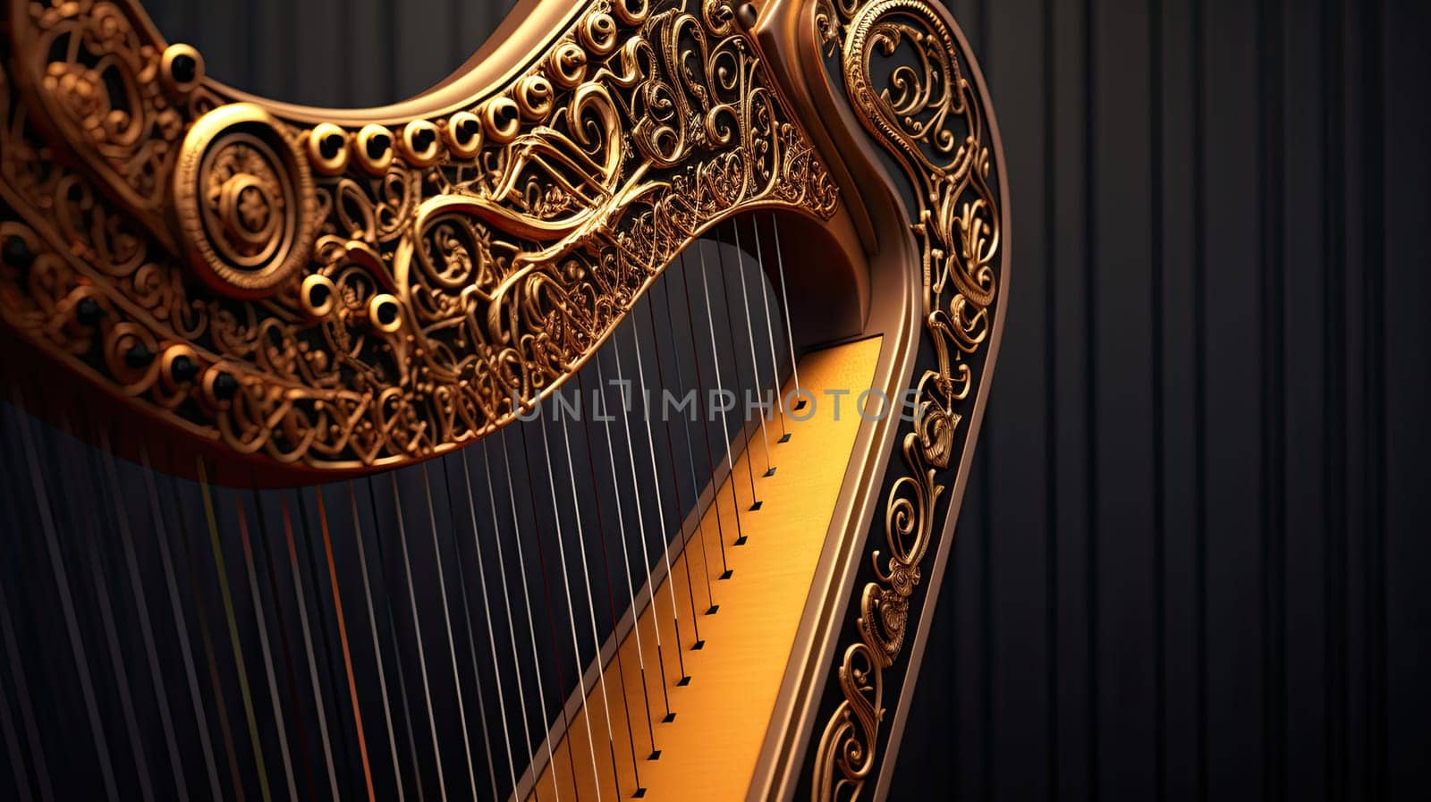 Detail to a harp instrument isolated on dark black background