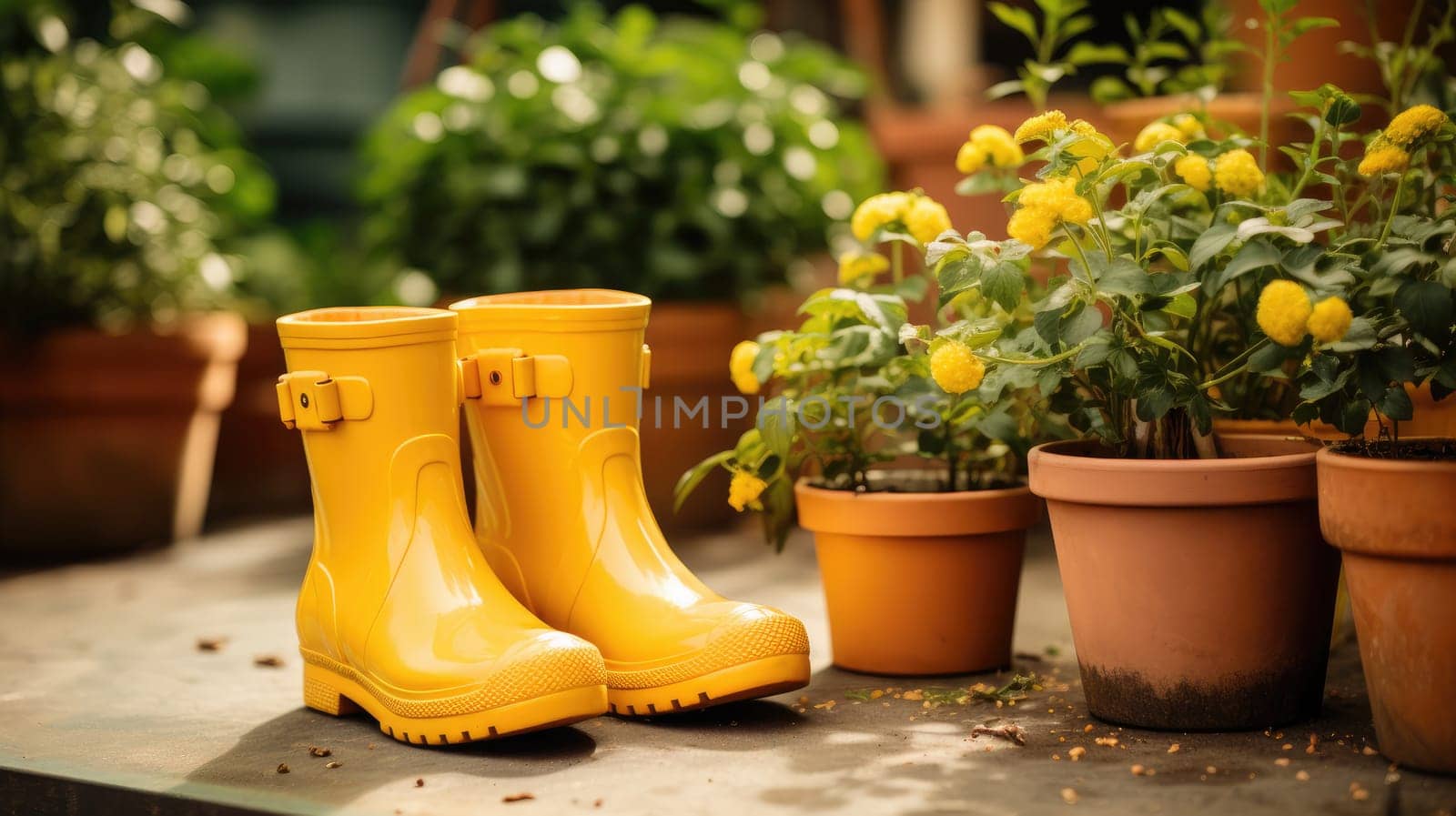 Gardening background with flowerpots, yellow boots in a sunny spring or summer garden