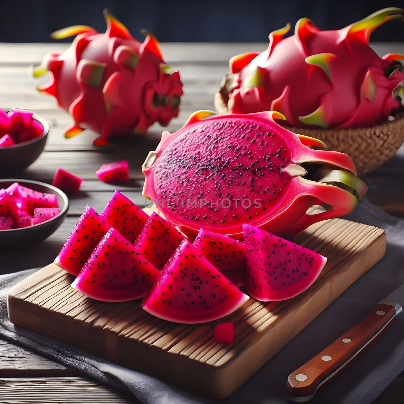 Cutting slices of Dragon fruit on wooden surface
