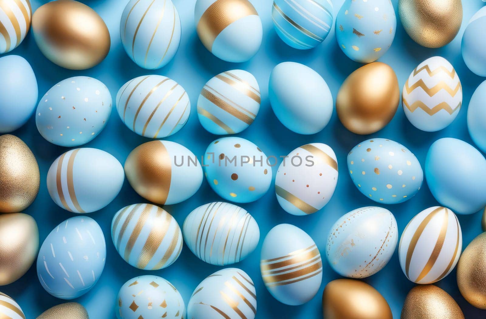 Easter eggs in light blue and gold tones on a blue background. Easter concept.