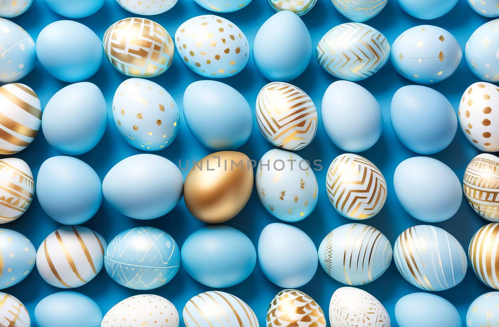 Easter eggs in light blue and gold tones on a blue background. by OlgaGubskaya