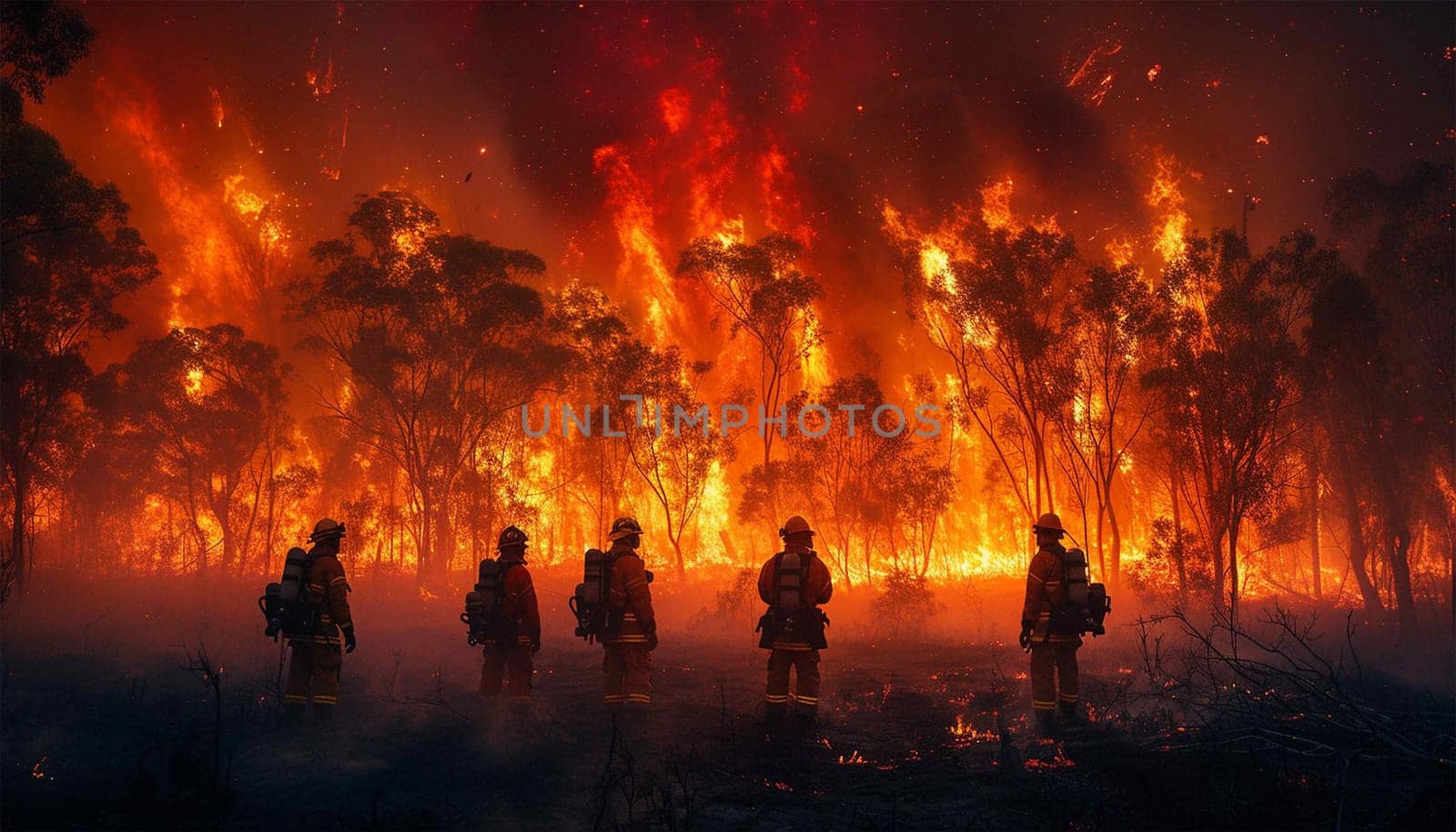 Experienced Firefighter Extinguishing a Wildland Fire Deep in the Woods. Professional in Safety Uniform and Helmet Spraying Water to Fight Large Flames Spreading Through Trees. Forest fire copy space