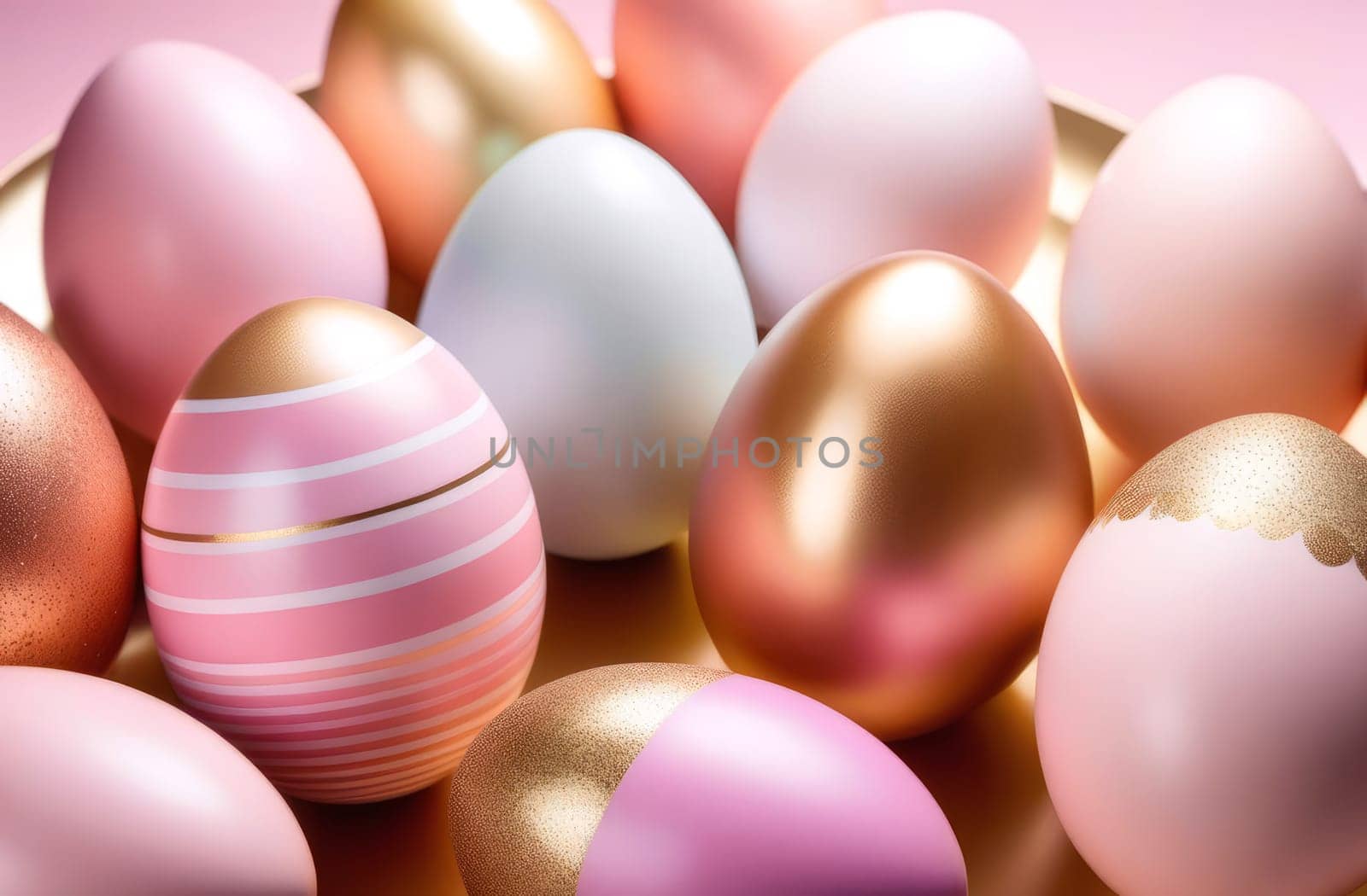 Easter eggs in light pink and gold tones on a blue background.. AI generated. by OlgaGubskaya