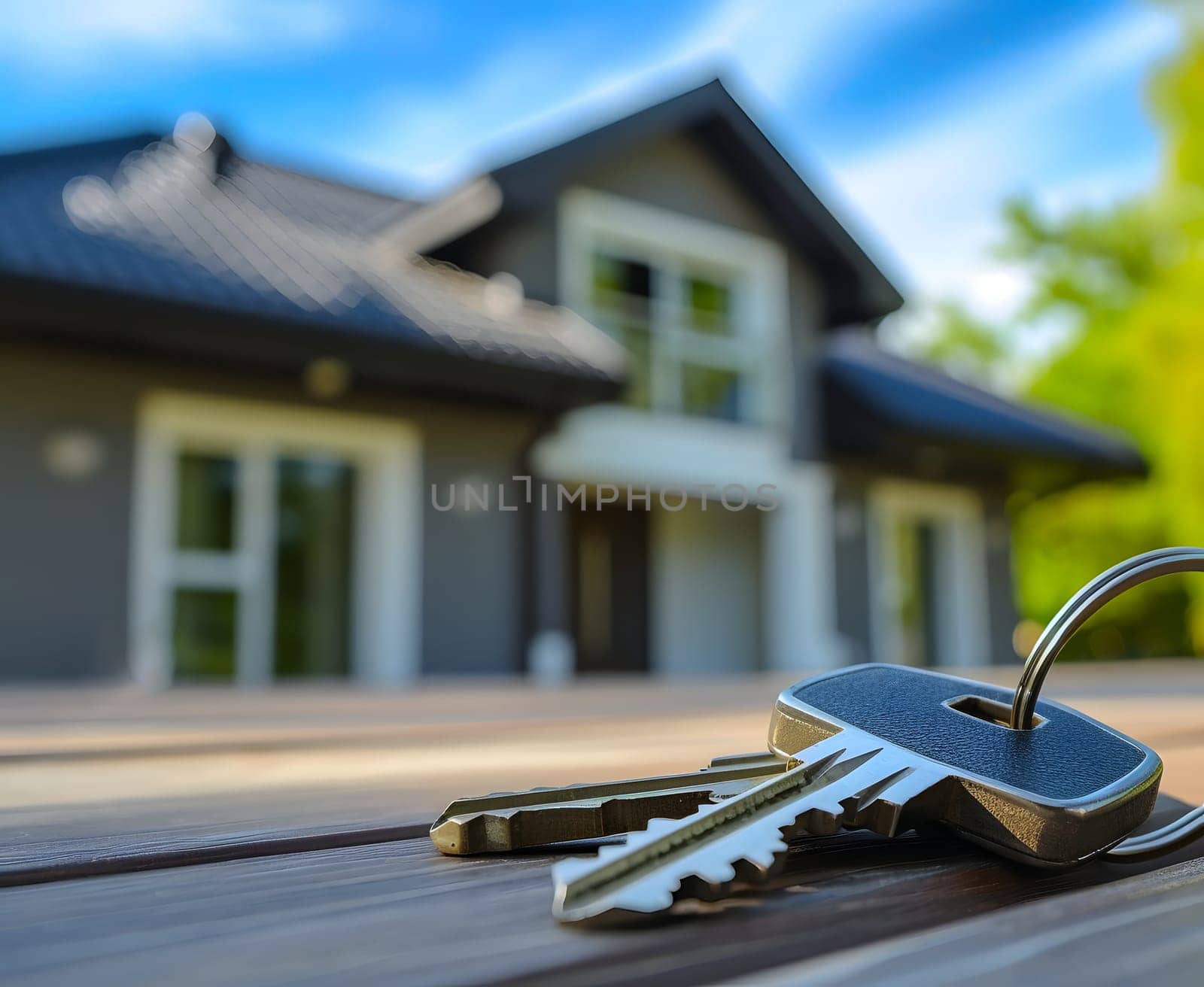 Keys in front of new house at sunny summer day. Neural network generated image. Not based on any actual person or scene.