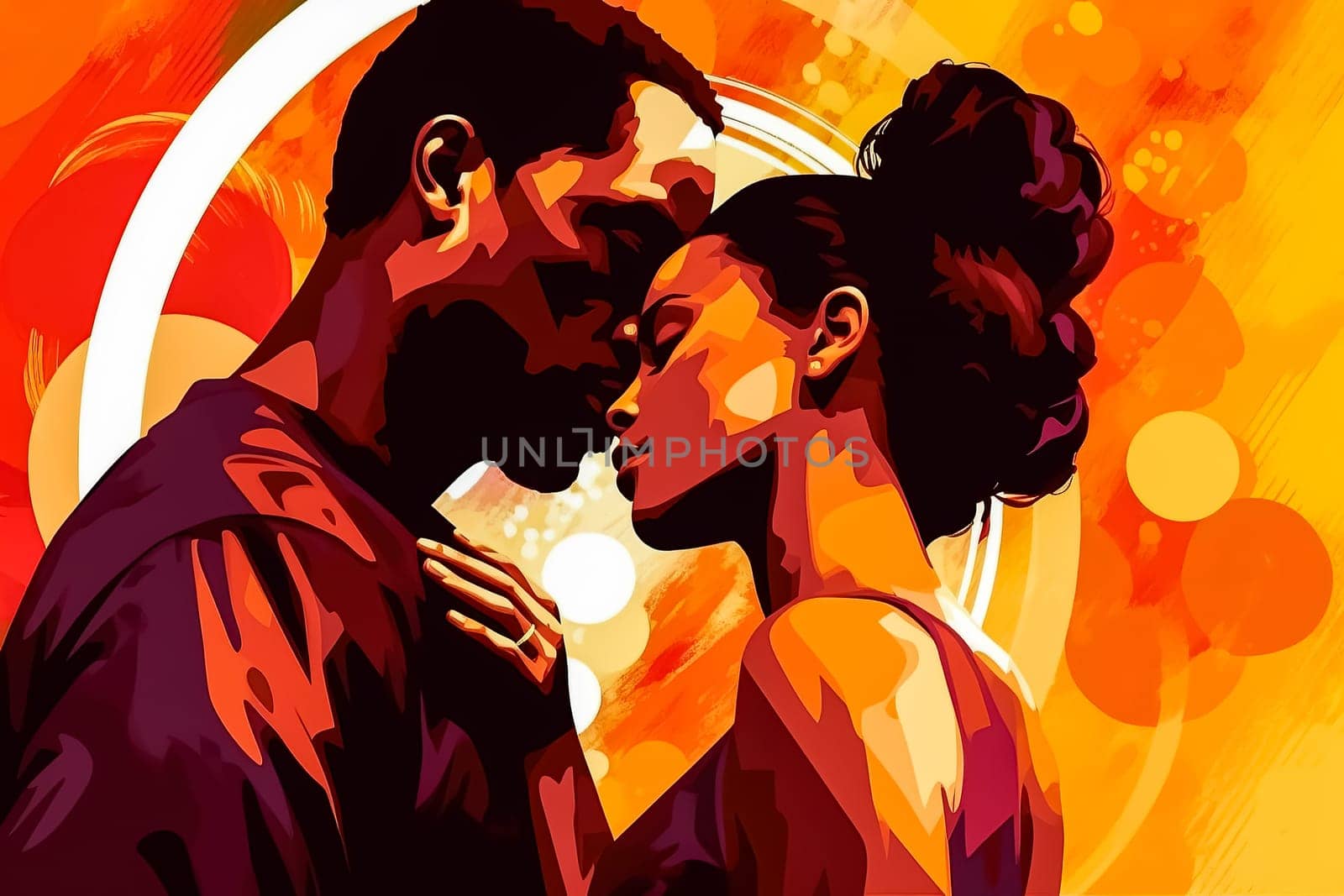 Experience the tender embrace of love with an illustration capturing an African couple sharing a passionate kiss.