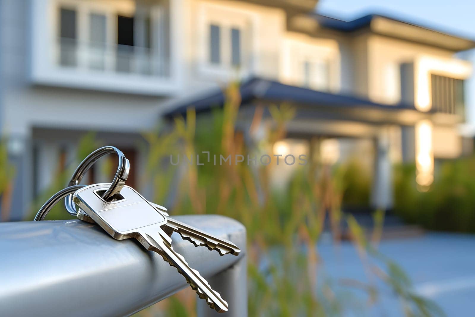 Keys in front of new house at sunny summer day. Neural network generated image. Not based on any actual person or scene.