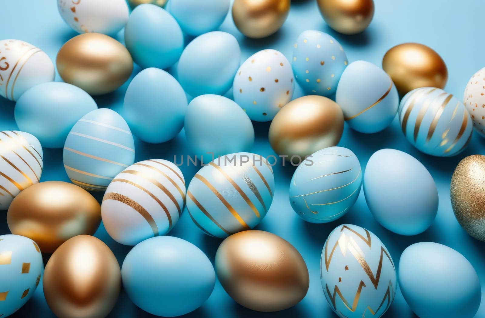 Easter eggs in light blue and gold tones on a blue background. AI generated. by OlgaGubskaya