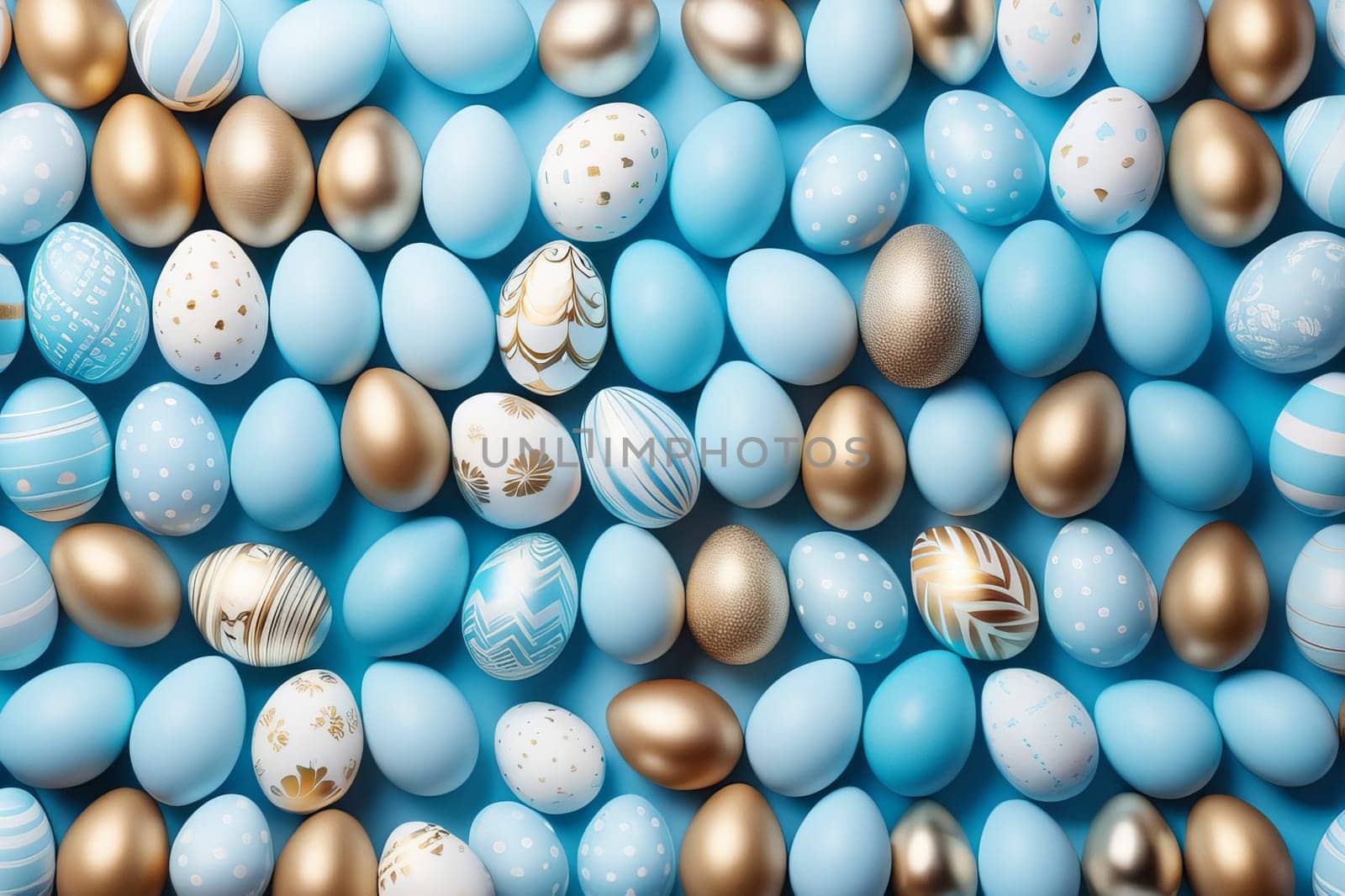 Easter eggs in light blue and gold tones on a blue background. AI generated. by OlgaGubskaya