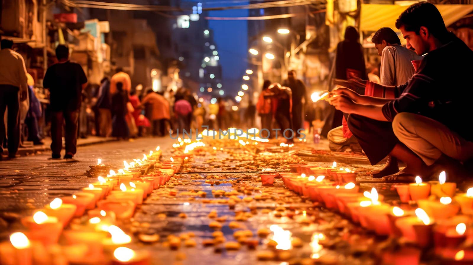 In the midst of colorful festivities, people joyfully celebrate Diwali, lighting candles on the streets, enhancing the spirit of the Indian holiday.