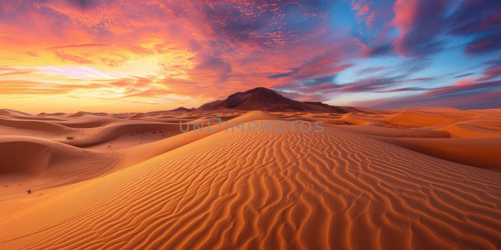 An expansive desert landscape at sunset, vivid colors in the sky. Resplendent. by biancoblue