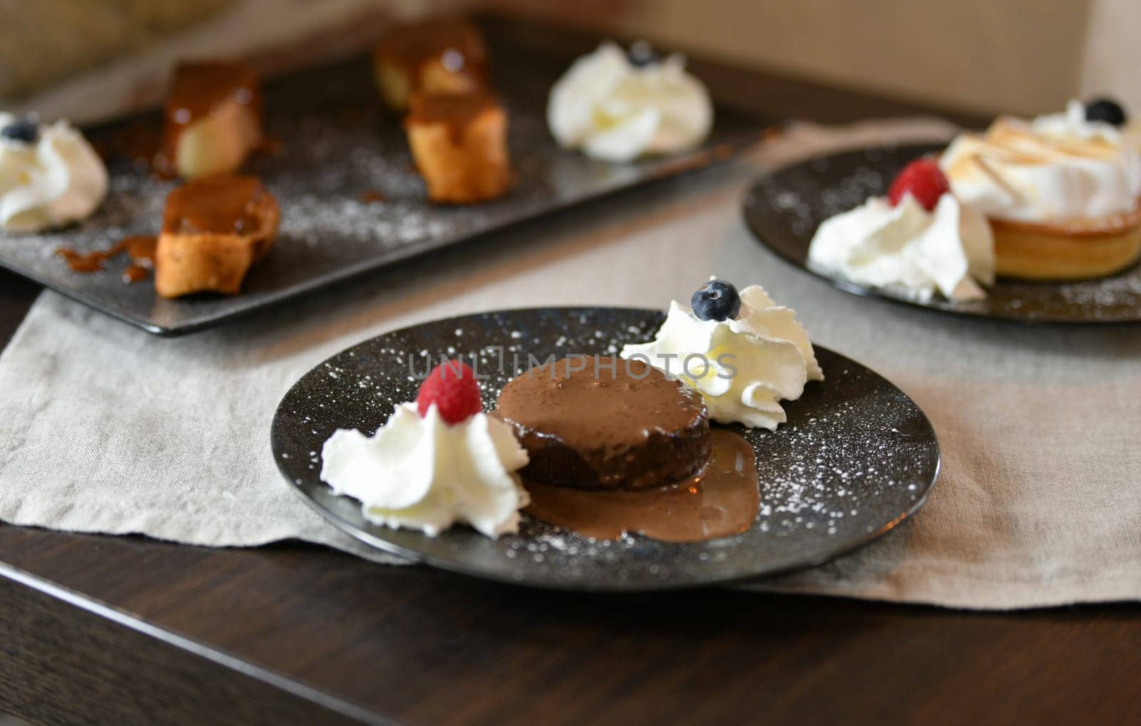 Melting chocolate cake pudding on a plate at a restaurant