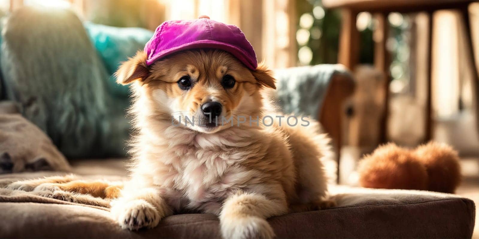 Funny dog in a hat. Generative AI. High quality photo