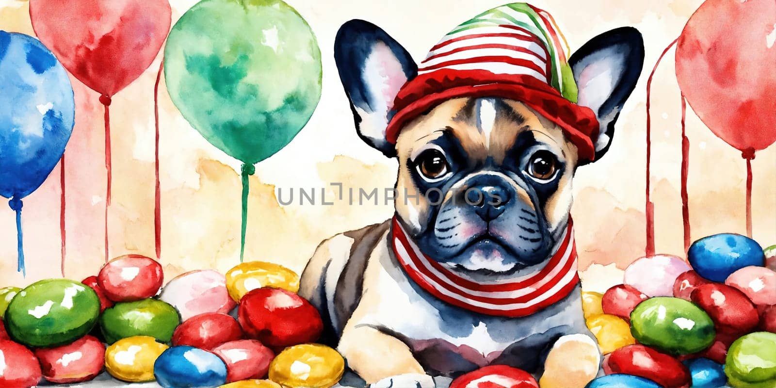 A dog in a festive hat. Watercolor. Generative AI by gordiza