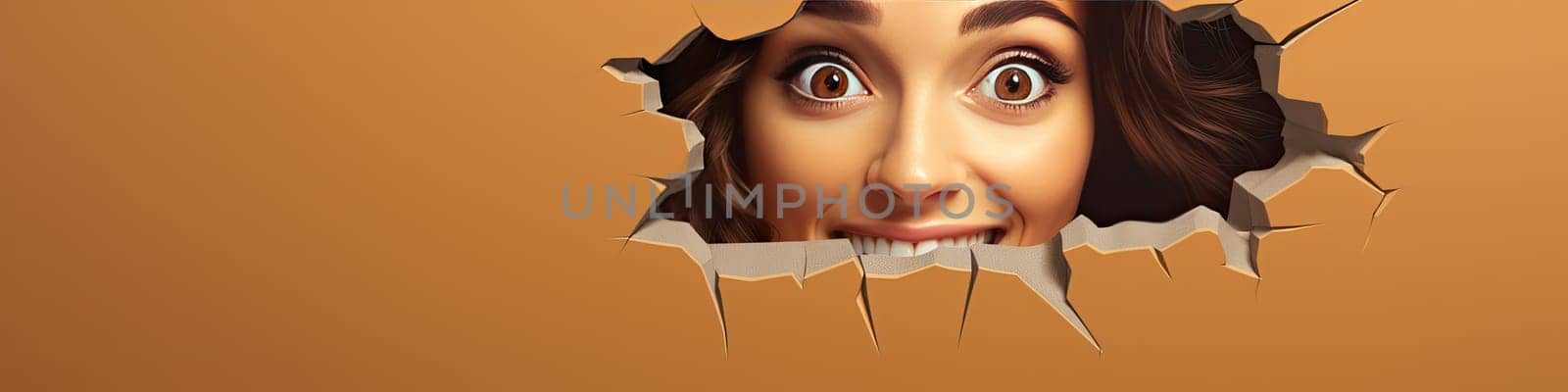 3D Cute woman peeking out of hole in wall, torn hole, empty copy space frame, mockup on banner