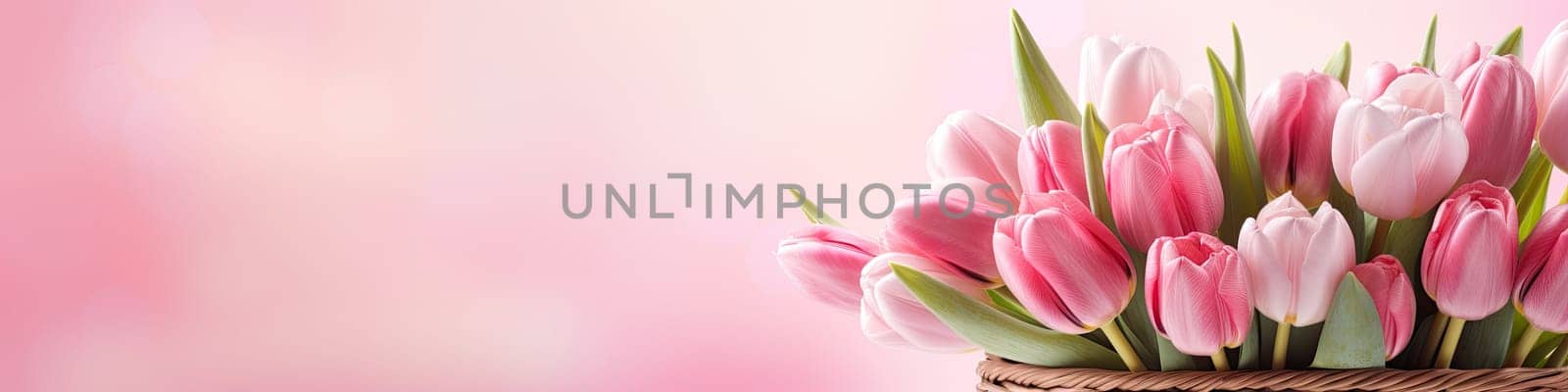 Basket of pink tulip flowers on pink spring bright pink background, floral concept