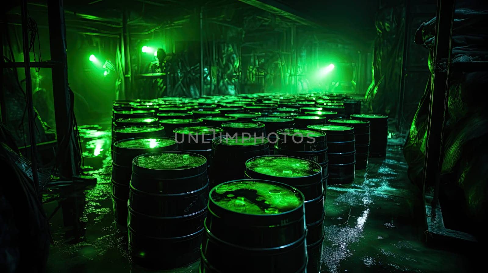 Dangerous green phosphorescent chemical material in the barrels underground