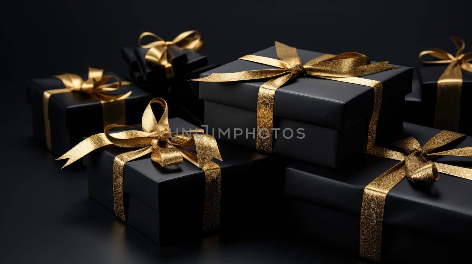Black arranged gifts boxes with black ribbon and bow on black background
