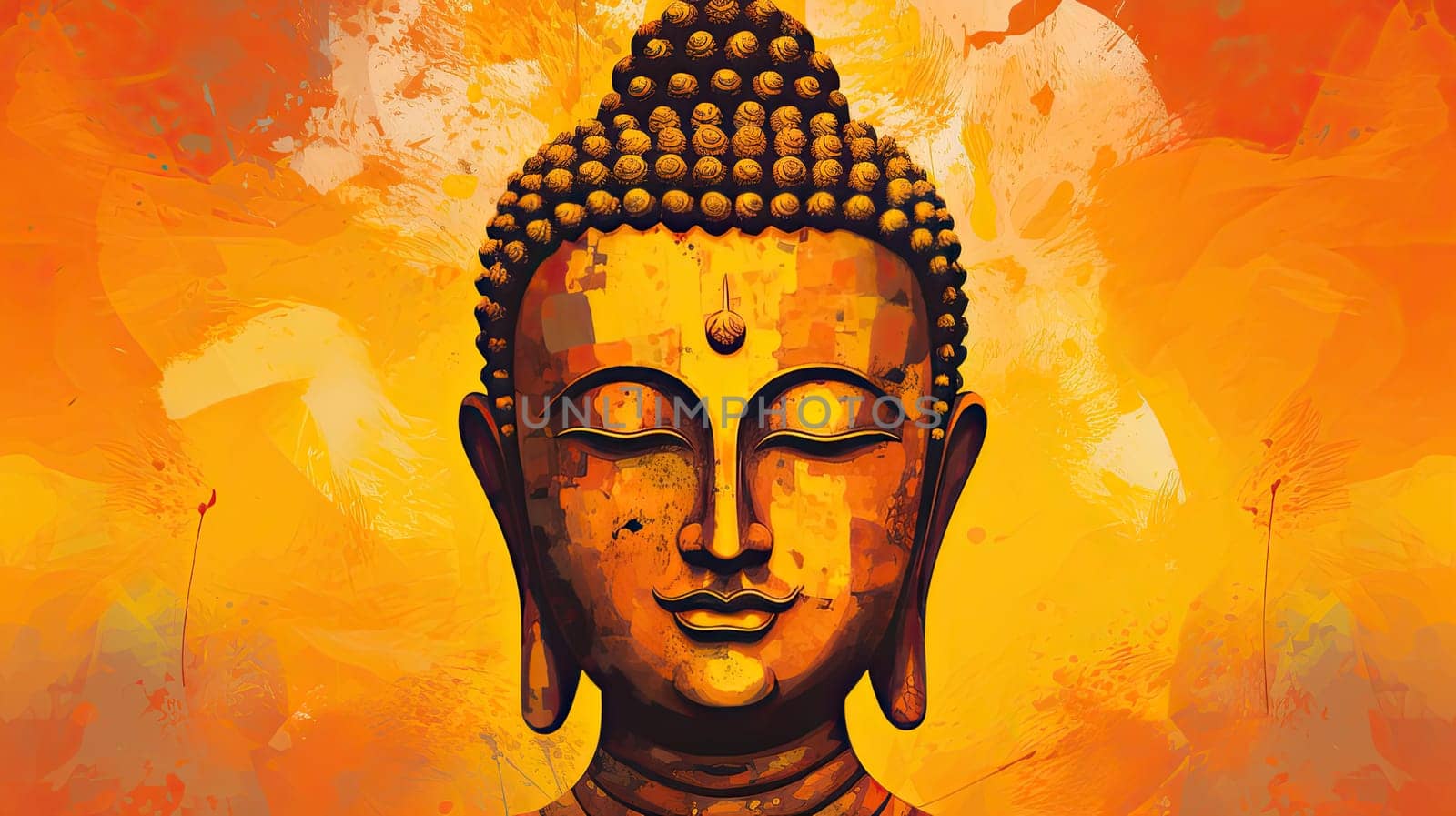 Buddha face on an abstract yellow orange background by Kadula