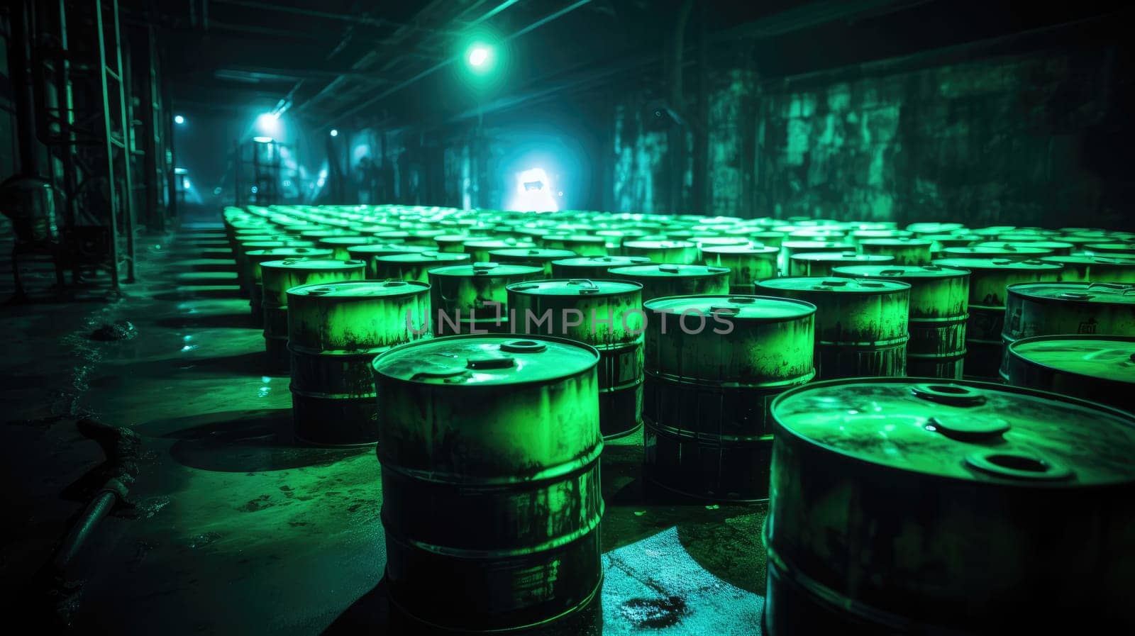Dangerous green phosphorescent chemical material in the barrels underground
