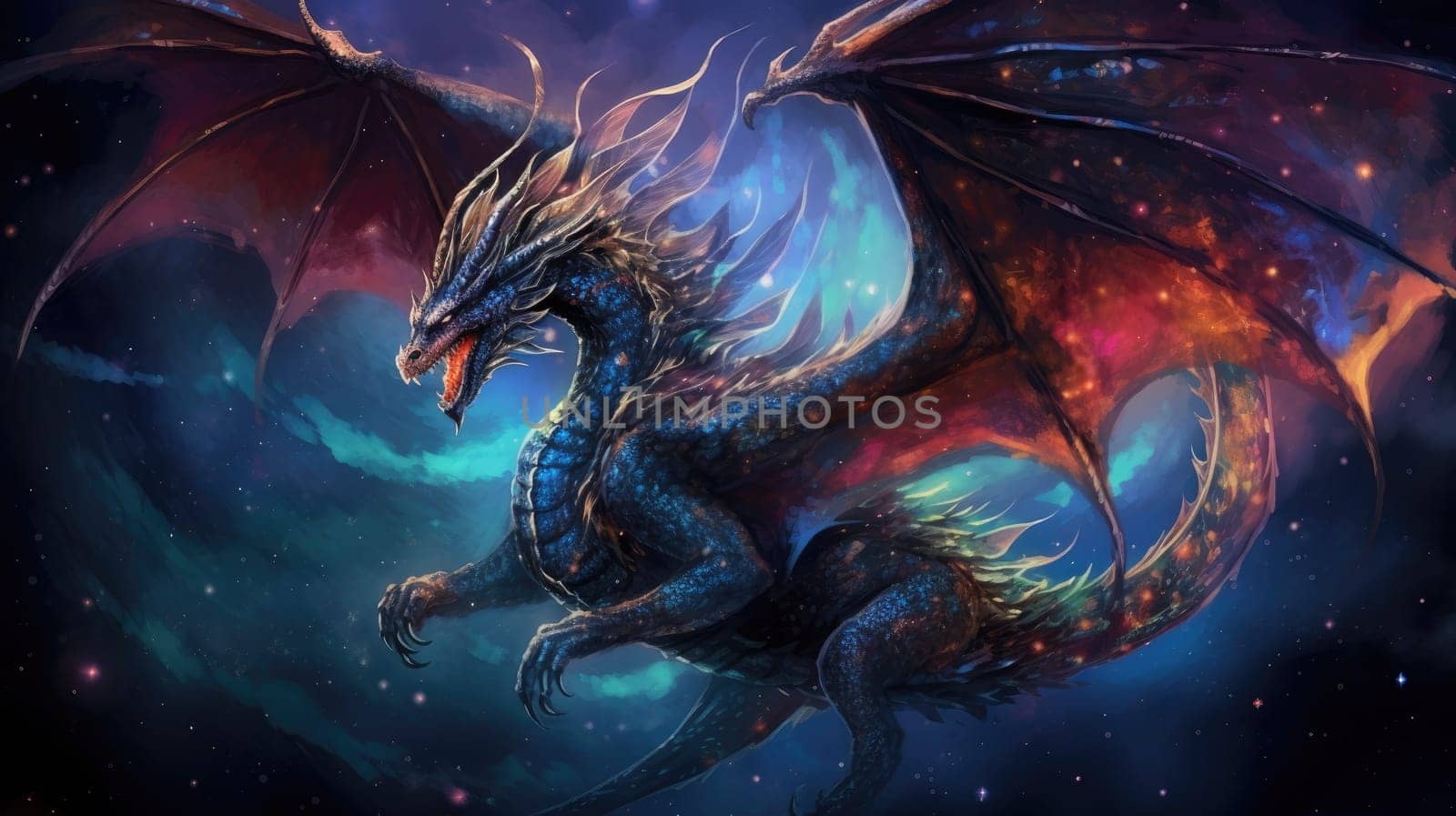 A mesmerizing dragon art design, featuring a majestic dragon with iridescent scales, soaring amidst starlit sky