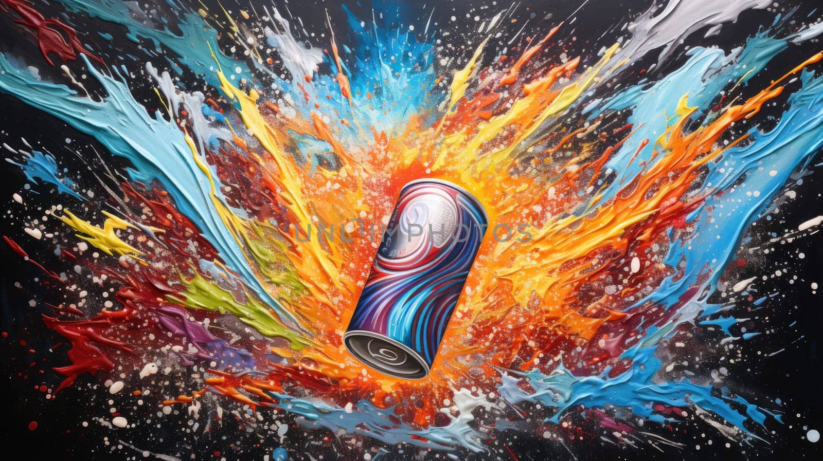 A powerful visual of an energy drink can amidst cosmic explosion of energy, stars and streaks of light surrounding it