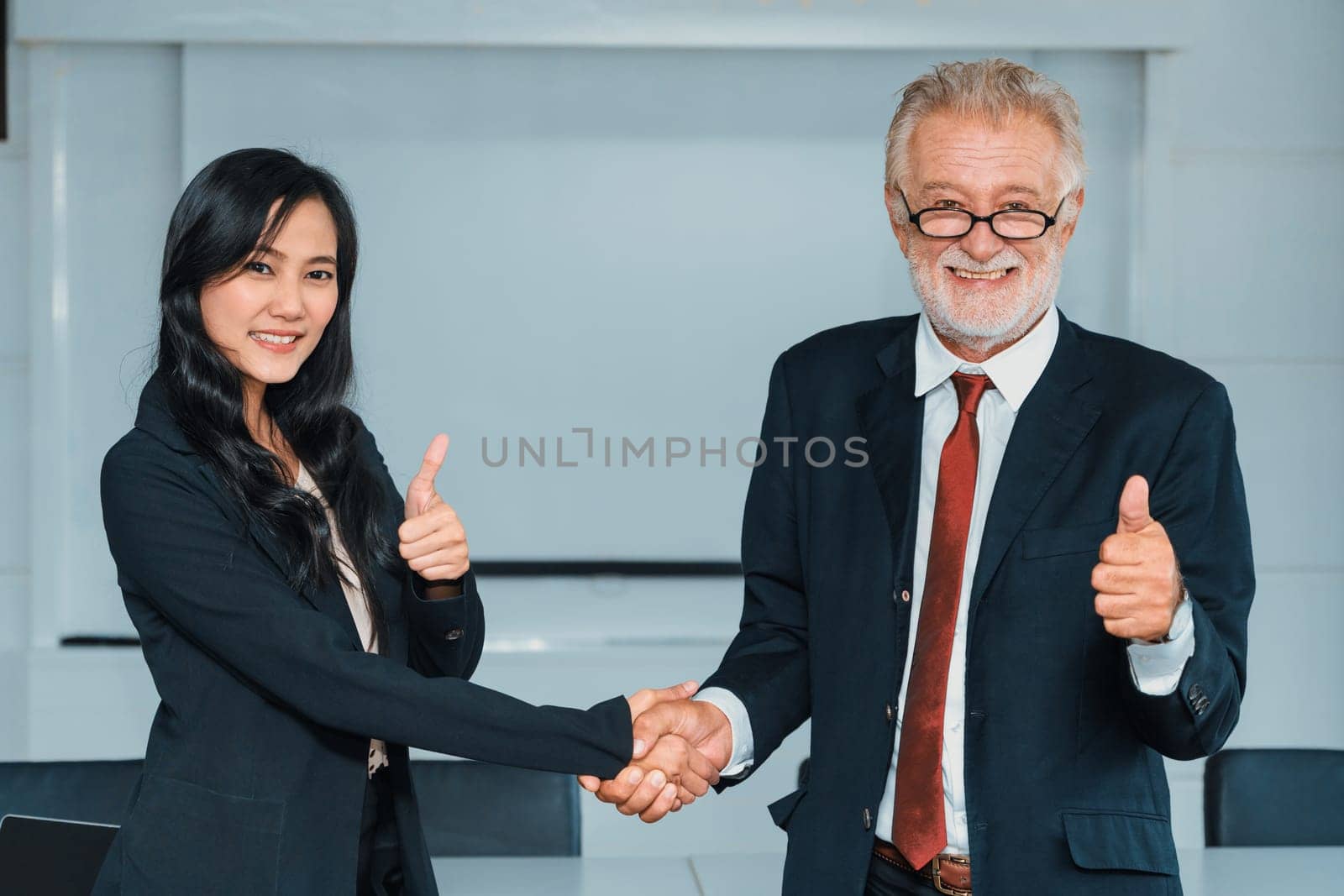 Senior executive manager and young businesswoman working in meeting room in the office. The woman is secretary or translator. International business language translation concept. uds