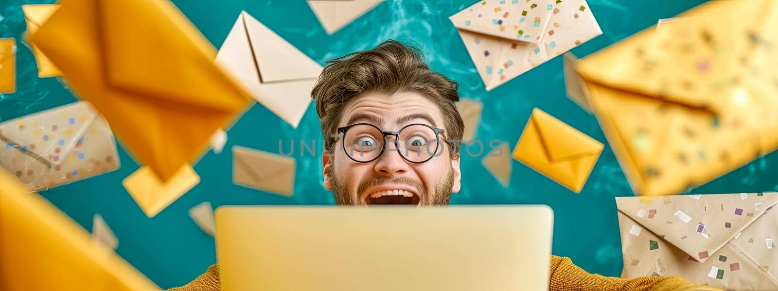 A happy man with eyewear and glasses is sitting in front of a laptop computer amidst flying envelopes, expressing a smile and using vision care.