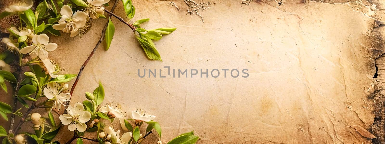 Vintage floral parchment on rustic wood background with natural landscape, terrestrial plants, and rustic wooden tints and shades. by Edophoto