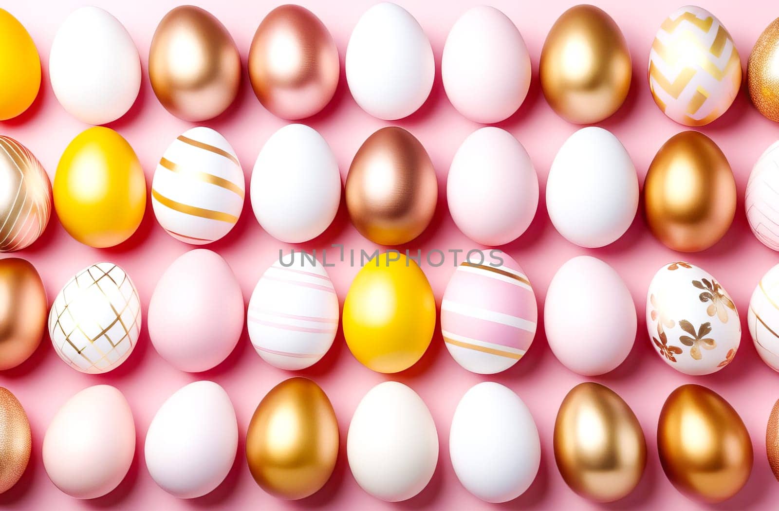 Easter eggs in light pink and gold tones on a blue background.. AI generated. by OlgaGubskaya