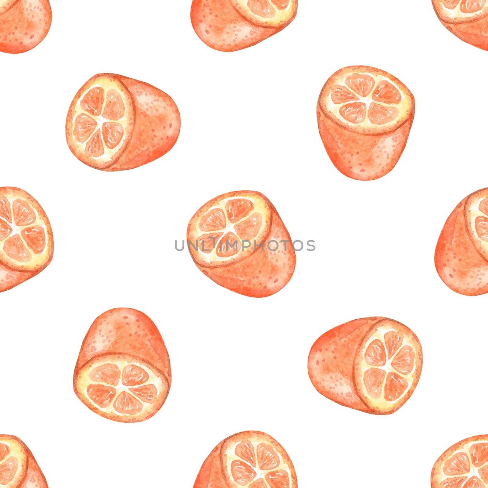 Watercolor cut kumquat fruit seamless pattern on white background for fabric, textile, wrapping, branding, scrapbook
