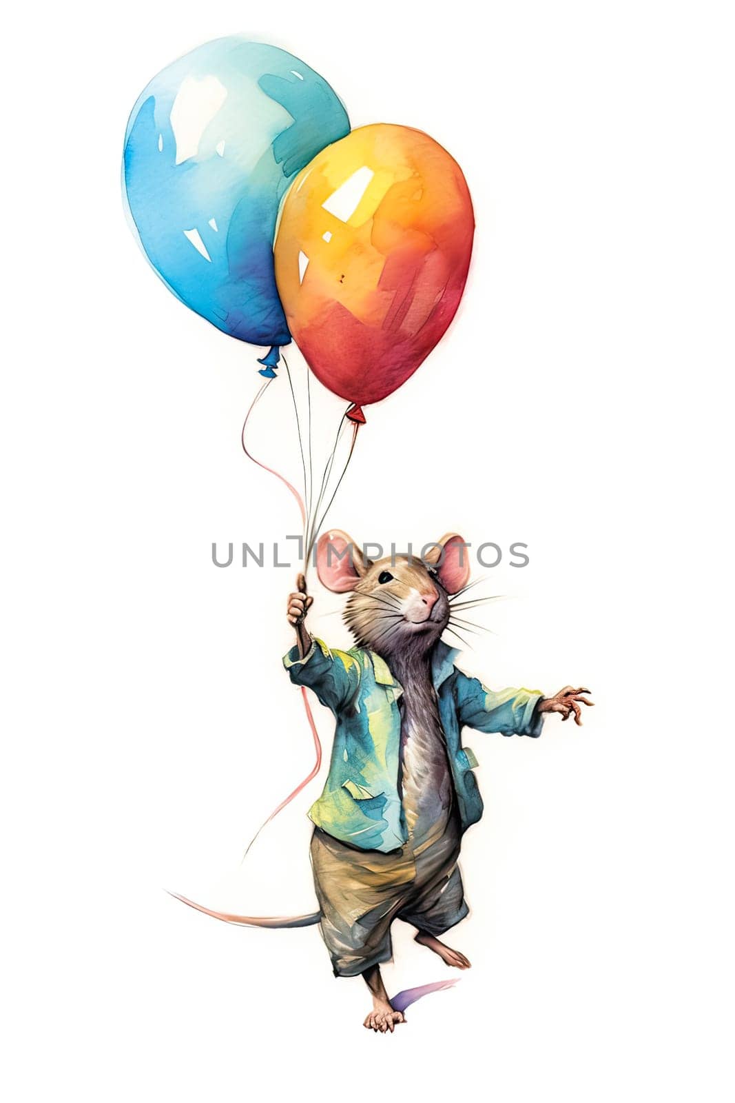 Celebrate in style with this charming watercolor illustration of a mouse holding balloons, perfect for greeting cards and festive occasions.
