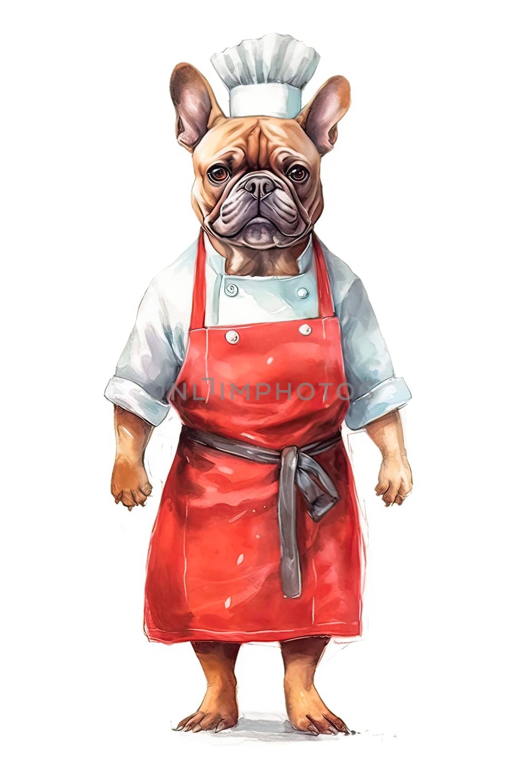 Brighten up your kitchen decor with a watercolor French bulldog donning a chefs hat and apron, adding charm to culinary themed projects and designs.
