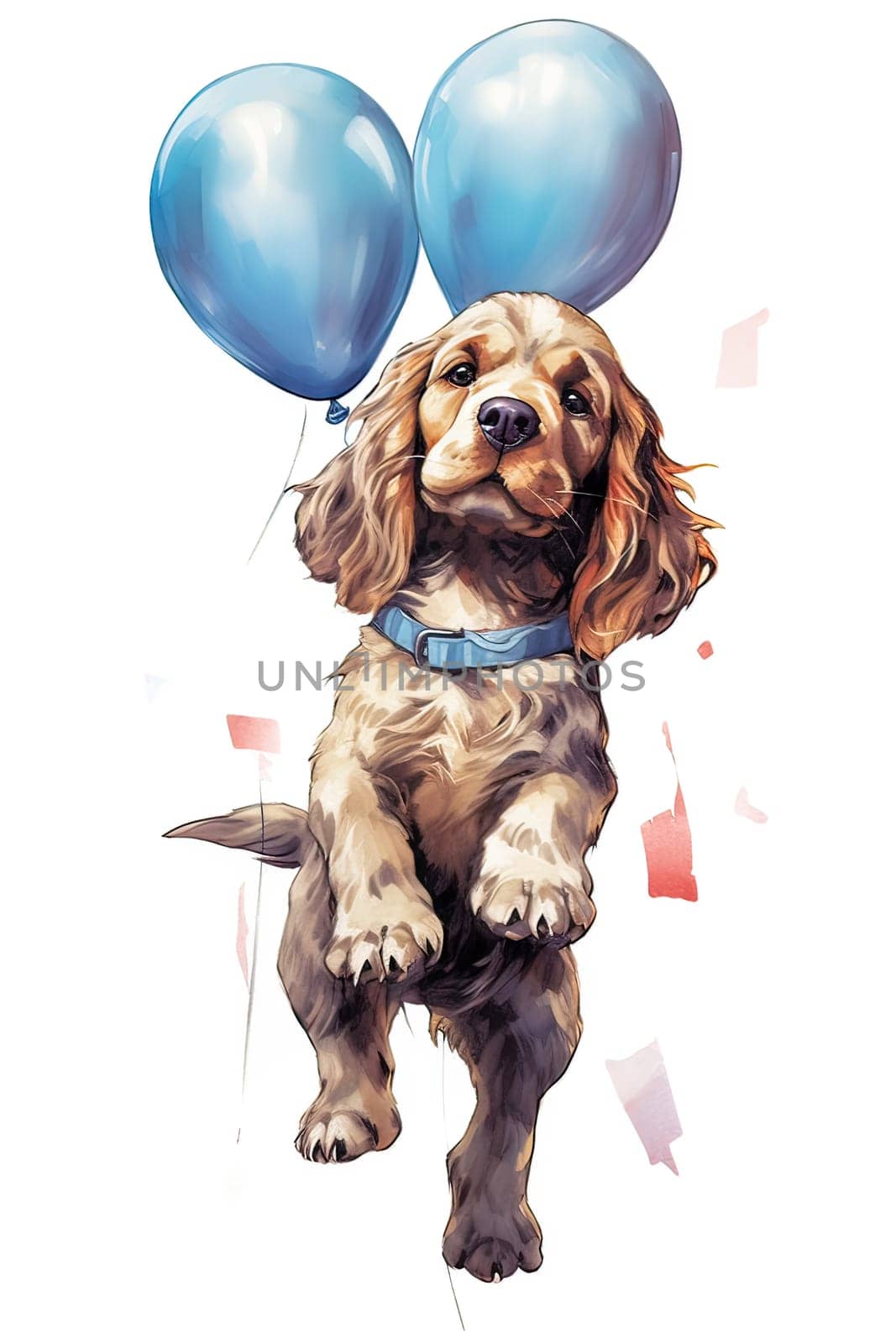 watercolor illustration of an adorable spaniel puppy holding a bunch of colorful balloons. by Alla_Morozova93