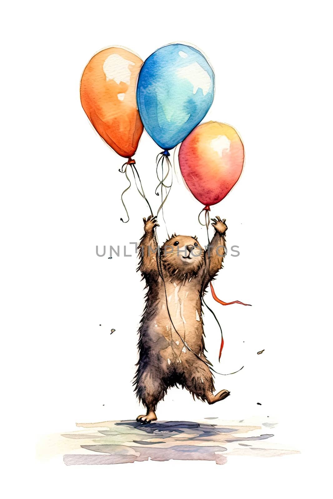 Brighten someones day with this charming watercolor illustration of a marmot holding balloons, ideal for sending cheerful greetings and well wishes.