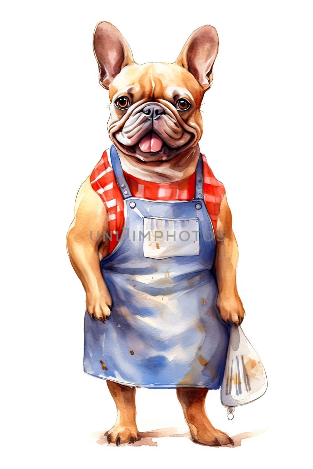 Brighten up your kitchen decor with a watercolor French bulldog donning a chefs hat and apron, adding charm to culinary themed projects and designs.