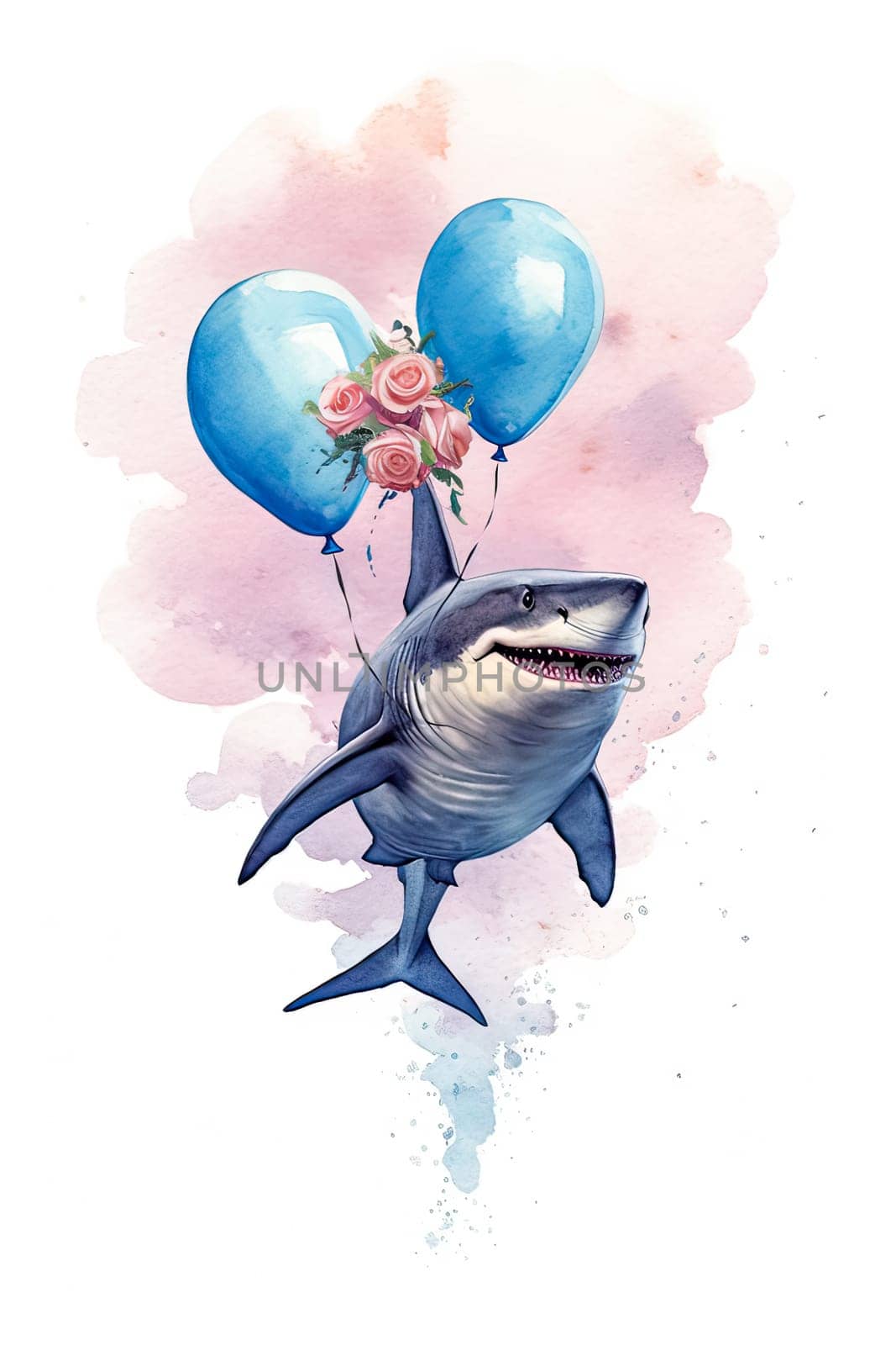 Celebrate with a splash. A charming watercolor shark, buoyed by vibrant balloons, graces this delightful greeting card, perfect for any occasion.