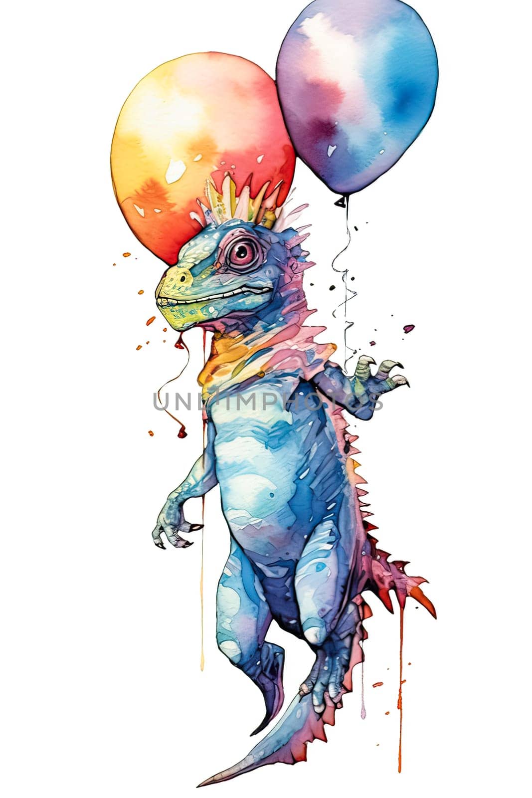 watercolor illustration of an iguana with balloons by Alla_Morozova93